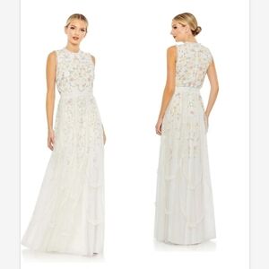 NWT Mac Duggal Ivory Embroidered High Neck Sleeveless Ruffled Gown SZ 12